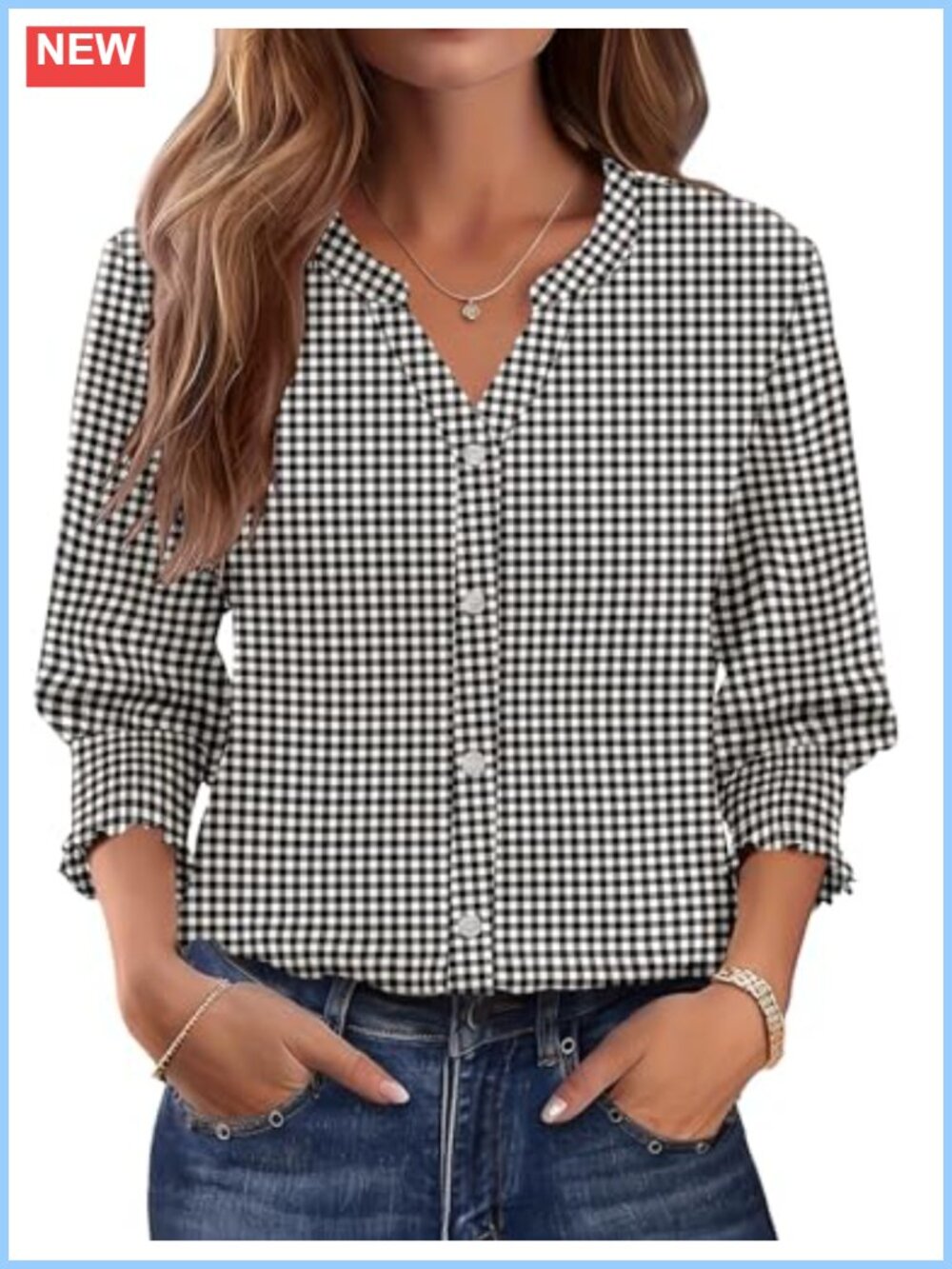 Women's Cotton 3/4 Sleeve Button Down Blouse V-Neck Shirred Cuff